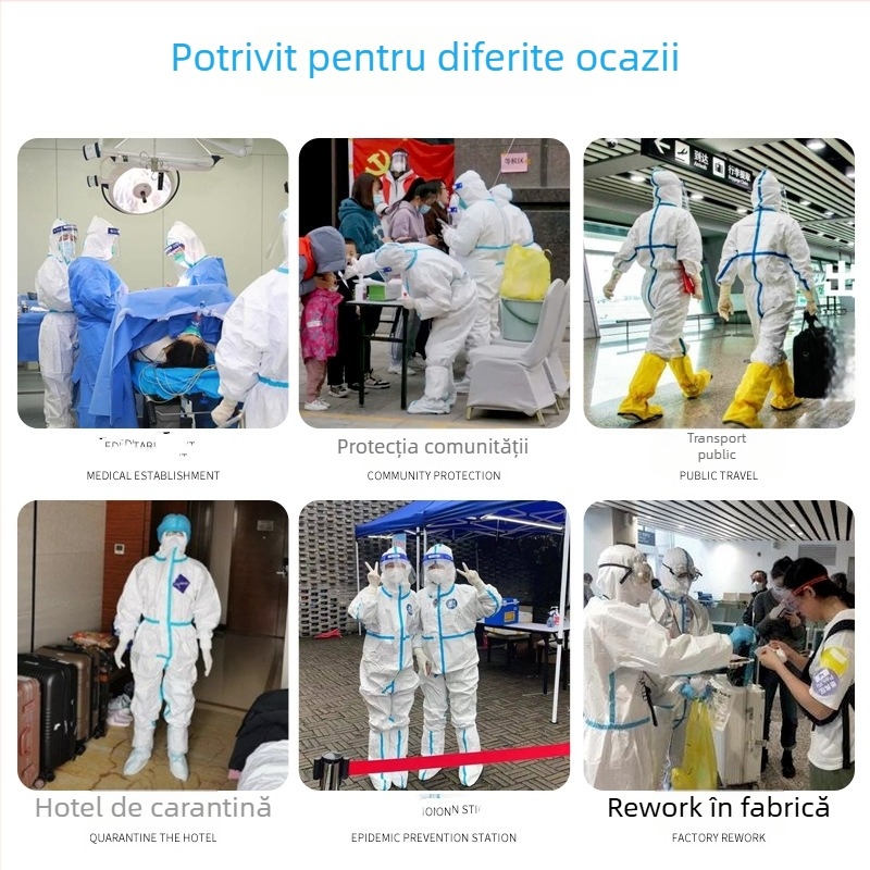 Combine de protecție de unică folosință cu glugă, anti-static, tip conectat, protecție chimică, membrană nețesută respirabilă