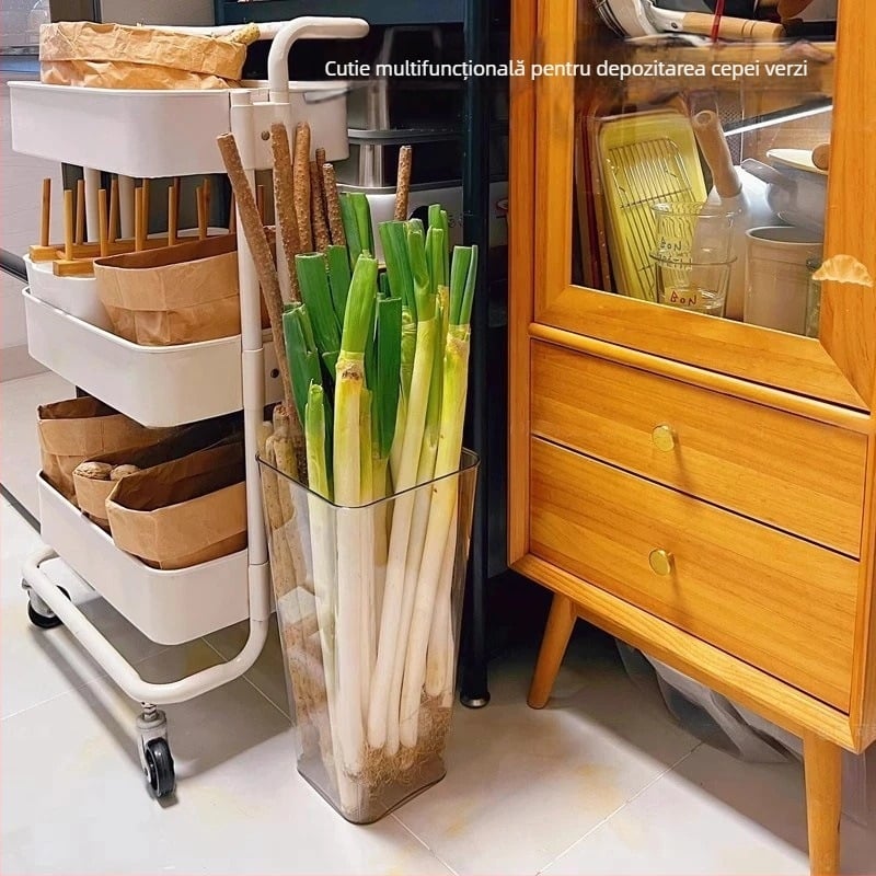 Organizator de ingrediente pentru bucătărie – tub din plastic, personalizabil, design modern minimalist pentru ceapă verde, ghimbir și usturoi
