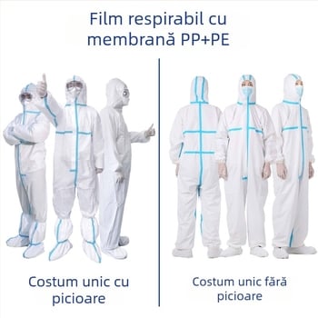 Costum protector monobloc, PP+PE, rezistent la substanțe chimice, 260–330 g, cu picioare sau fără, pentru protecție în creșterea peștilor și porcilor