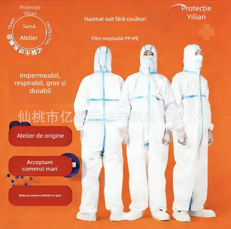 Costum protector monobloc, PP+PE, rezistent la substanțe chimice, 260–330 g, cu picioare sau fără, pentru protecție în creșterea peștilor și porcilor