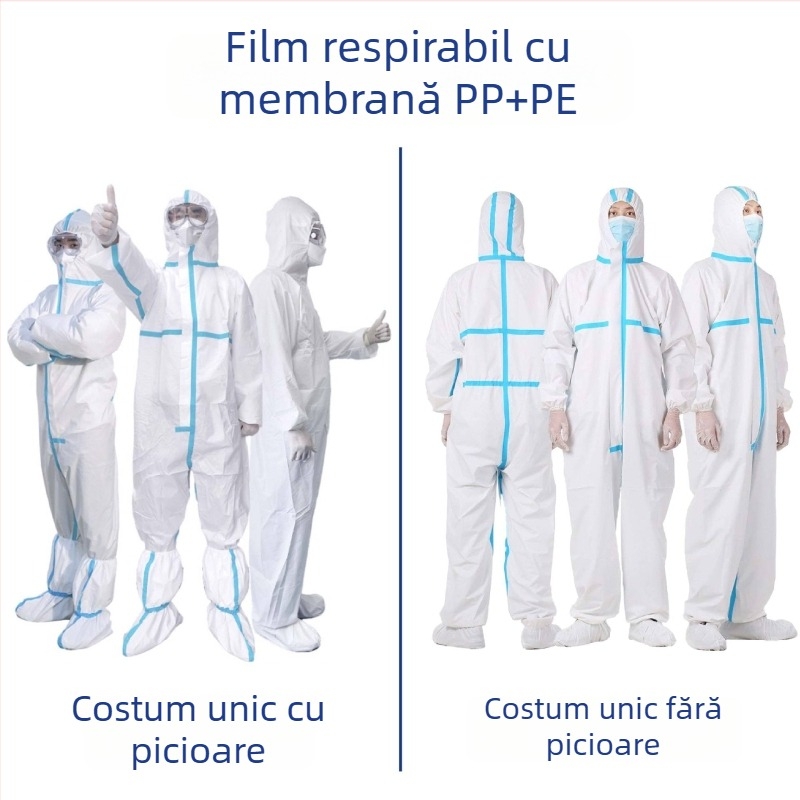 Costum protector monobloc, PP+PE, rezistent la substanțe chimice, 260–330 g, cu picioare sau fără, pentru protecție în creșterea peștilor și porcilor