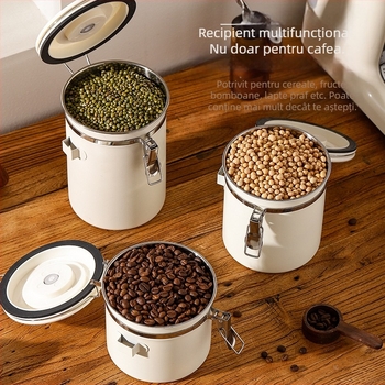 Recipient din oțel inoxidabil pentru cafea boabe, 1-2 L, rotund, stil modern și simplu, necompatibil cu cuptorul cu microunde