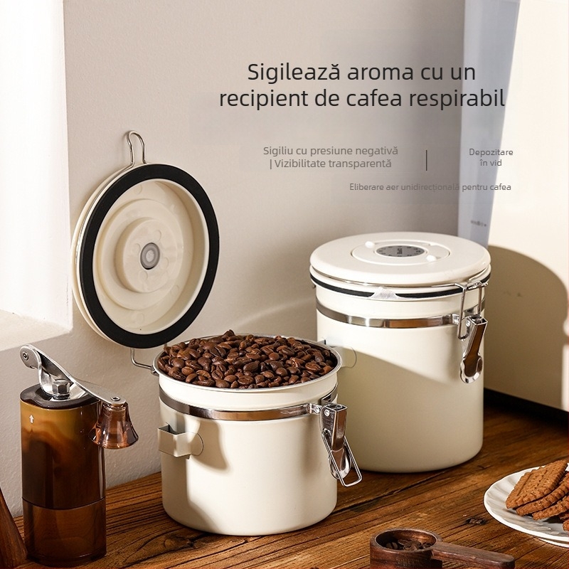Recipient din oțel inoxidabil pentru cafea boabe, 1-2 L, rotund, stil modern și simplu, necompatibil cu cuptorul cu microunde