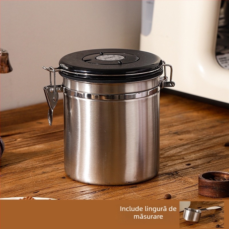 Recipient din oțel inoxidabil pentru cafea boabe, 1-2 L, rotund, stil modern și simplu, necompatibil cu cuptorul cu microunde