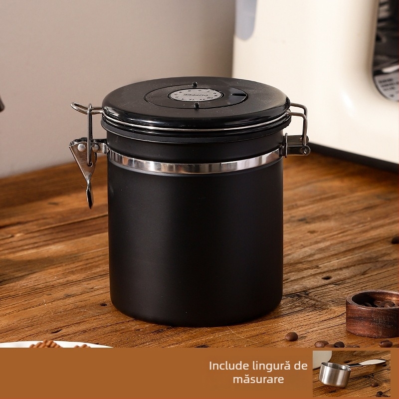 Recipient din oțel inoxidabil pentru cafea boabe, 1-2 L, rotund, stil modern și simplu, necompatibil cu cuptorul cu microunde
