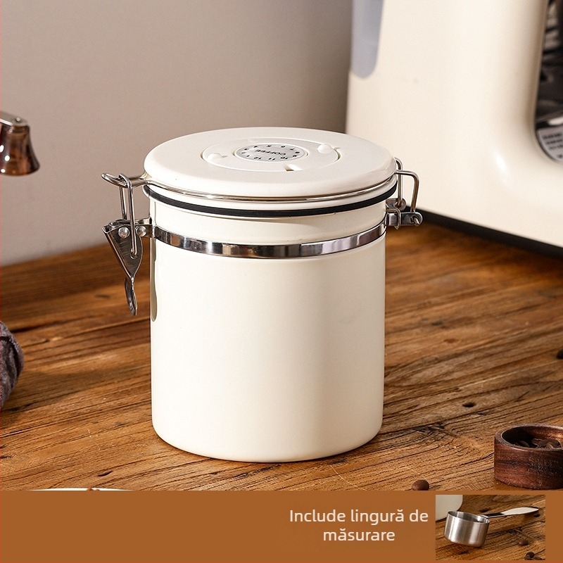 Recipient din oțel inoxidabil pentru cafea boabe, 1-2 L, rotund, stil modern și simplu, necompatibil cu cuptorul cu microunde