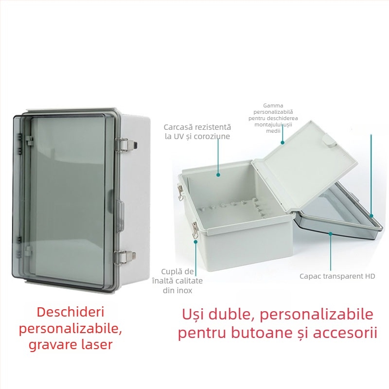 Cutie de distribuție din plastic, impermeabilă pentru exterior, cu 4 circuite, configurație pe 1 rând, protecție IP67, carcasă ABS și capac PC, montare cu șuruburi