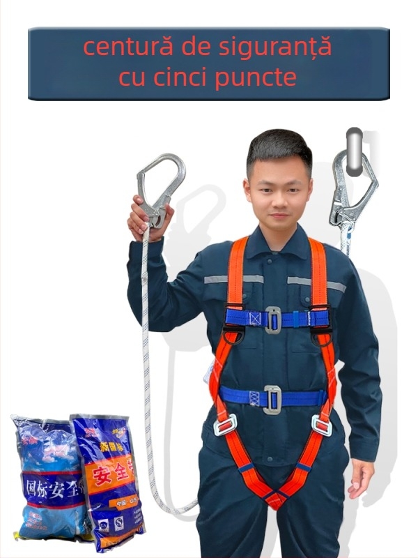 Curea de siguranță pentru lucru la înălțime, design cu cinci puncte pentru întregul corp, frânghie de protecție rezistentă la abraziune, inel dublu mare, frânghie în stil european