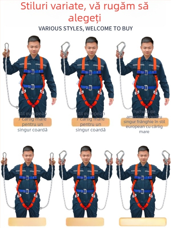 Curea de siguranță pentru lucru la înălțime, design cu cinci puncte pentru întregul corp, frânghie de protecție rezistentă la abraziune, inel dublu mare, frânghie în stil european