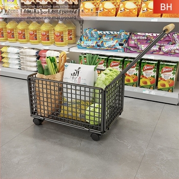 Cărucior de cumpărături portabil cu patru roți și tijă de tragere — din oțel inoxidabil și oțel carbon, încărcare maximă 20 kg, design modern minimalist