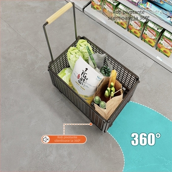 Cărucior de cumpărături portabil cu patru roți și tijă de tragere — din oțel inoxidabil și oțel carbon, încărcare maximă 20 kg, design modern minimalist