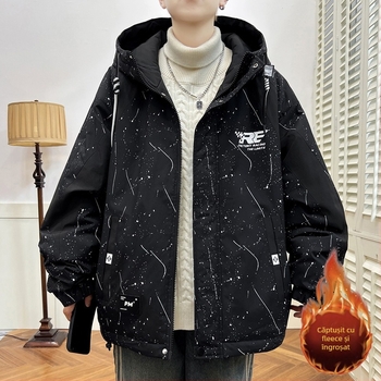 Geacă de iarnă căptușită cu bumbac, cu glugă, model camuflaj, căptușeală fleece, închidere cu fermoar, pentru băieți și adolescenți