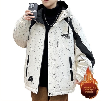 Geacă de iarnă căptușită cu bumbac, cu glugă, model camuflaj, căptușeală fleece, închidere cu fermoar, pentru băieți și adolescenți