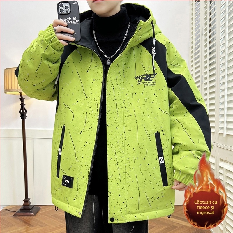 Geacă de iarnă căptușită cu bumbac, cu glugă, model camuflaj, căptușeală fleece, închidere cu fermoar, pentru băieți și adolescenți