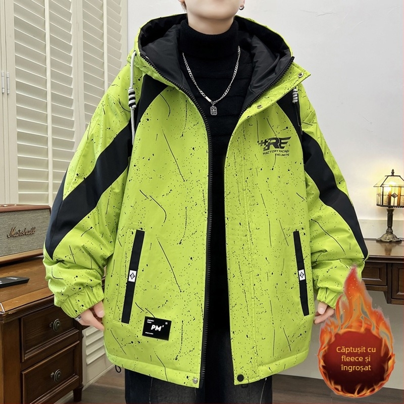 Geacă de iarnă căptușită cu bumbac, cu glugă, model camuflaj, căptușeală fleece, închidere cu fermoar, pentru băieți și adolescenți