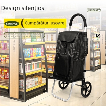 Cărucior de cumpărături cu două roți, pliabil pentru uz casnic - portabil, cadru din țevi de oțel, posibilitate imprimare siglă