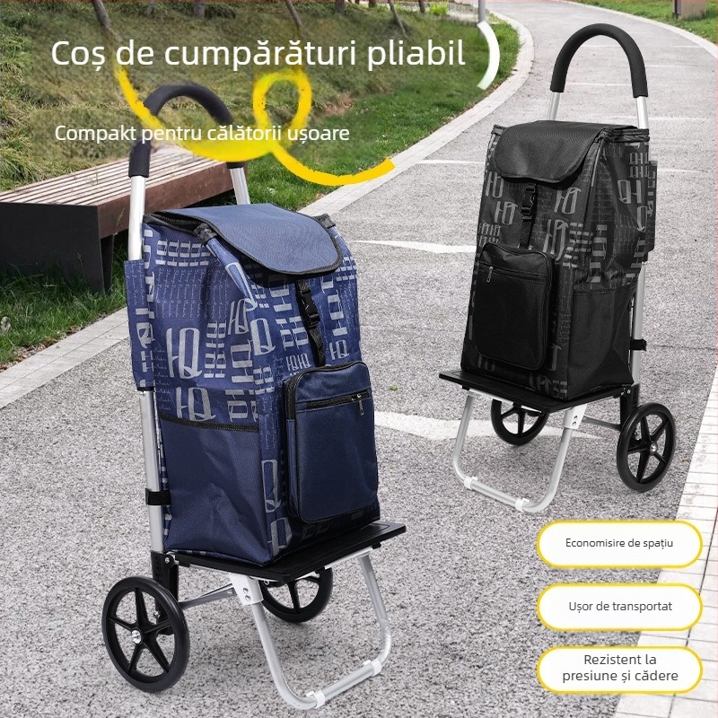 Cărucior de cumpărături cu două roți, pliabil pentru uz casnic - portabil, cadru din țevi de oțel, posibilitate imprimare siglă