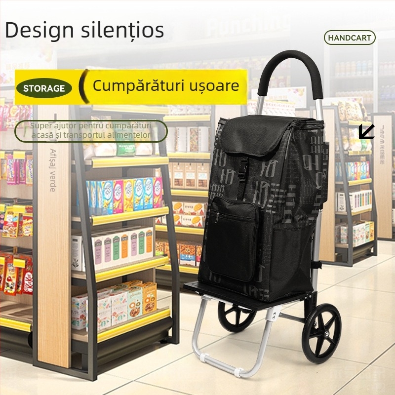 Cărucior de cumpărături cu două roți, pliabil pentru uz casnic - portabil, cadru din țevi de oțel, posibilitate imprimare siglă
