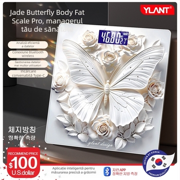 Balanță de corp cu design 3D inspirat de fluture, capacitate 180 kg, carcasă ABS, rază de wireless până la 5 m, alimentare 220V, măsurare a grăsimii corporale și a apei corporale