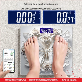Balanță de corp cu design 3D inspirat de fluture, capacitate 180 kg, carcasă ABS, rază de wireless până la 5 m, alimentare 220V, măsurare a grăsimii corporale și a apei corporale
