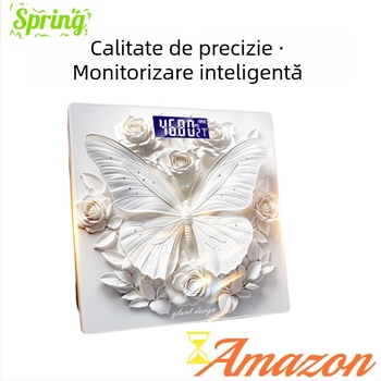 Balanță de corp cu design 3D inspirat de fluture, capacitate 180 kg, carcasă ABS, rază de wireless până la 5 m, alimentare 220V, măsurare a grăsimii corporale și a apei corporale