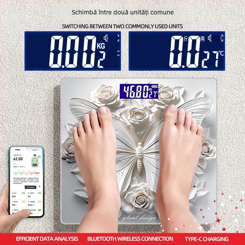 Balanță de corp cu design 3D inspirat de fluture, capacitate 180 kg, carcasă ABS, rază de wireless până la 5 m, alimentare 220V, măsurare a grăsimii corporale și a apei corporale