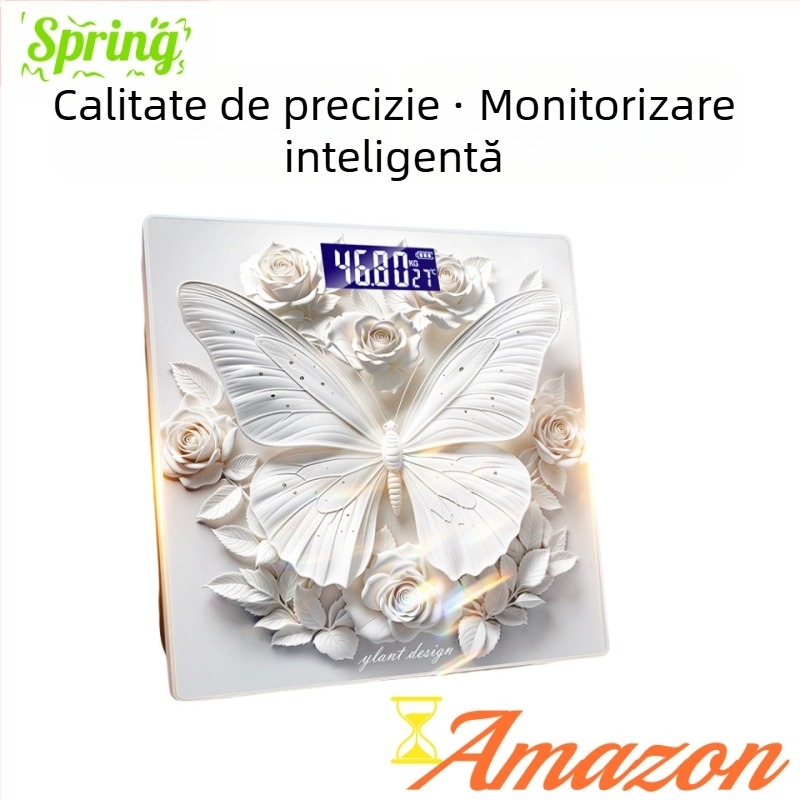 Balanță de corp cu design 3D inspirat de fluture, capacitate 180 kg, carcasă ABS, rază de wireless până la 5 m, alimentare 220V, măsurare a grăsimii corporale și a apei corporale