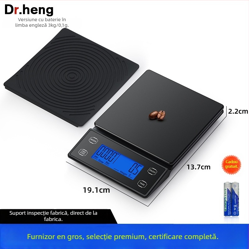 Cântar digital pentru cafea cu temporizare automată, model DH-8701, capacitate 5 kg, dimensiuni 19×13.2×2.2 cm, alimentare cu 2 baterii AAA