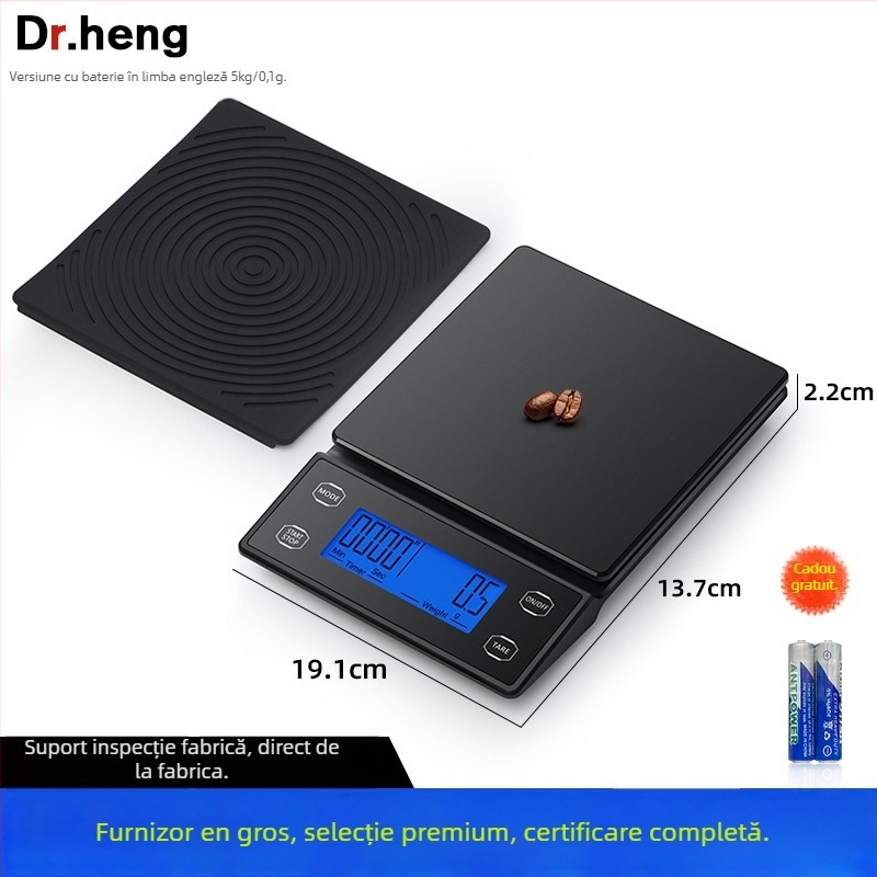 Cântar digital pentru cafea cu temporizare automată, model DH-8701, capacitate 5 kg, dimensiuni 19×13.2×2.2 cm, alimentare cu 2 baterii AAA