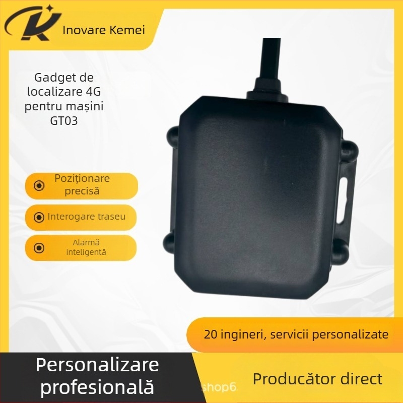 GT03 4G Dual-Band GPS tracker pentru vehicule de construcții și utilități — locator impermeabil, precizie GPS 5, antenă încorporată, alarme: pierdere alimentare, SOS, depășire viteză, geofence