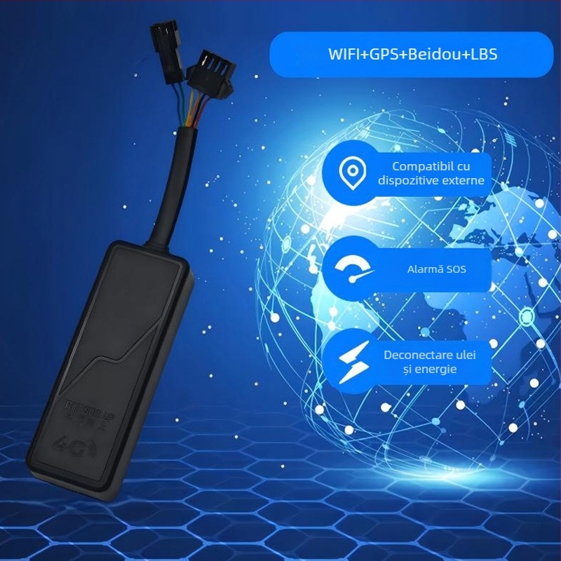 Locator GPS pentru vehicule cu conectivitate 4G, buton SOS, navigație BeiDou, antenă încorporată, alimentare 9-90V DC