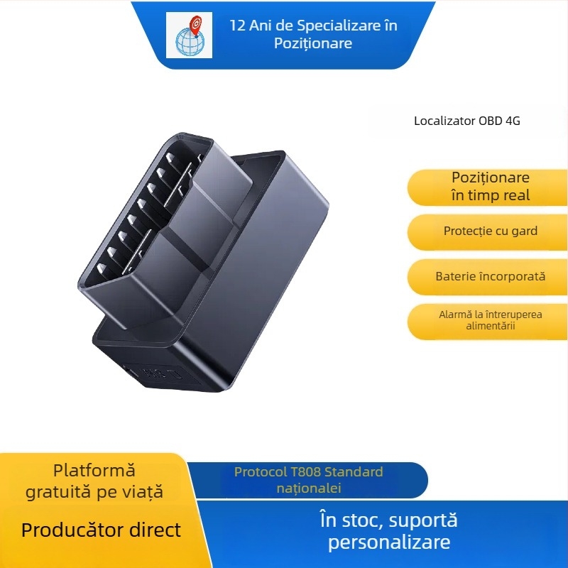 Locaționer GPS auto 4G cu alimentare OBD, Beidou, Model D9, tracker anti-furt cu alarme vibrație, pană de curent, geofence și viteză excesivă