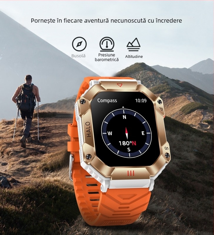Ceas inteligent cu busolă, altimetru, tensiune arterială, apel Bluetooth și ecran AMOLED pătrat