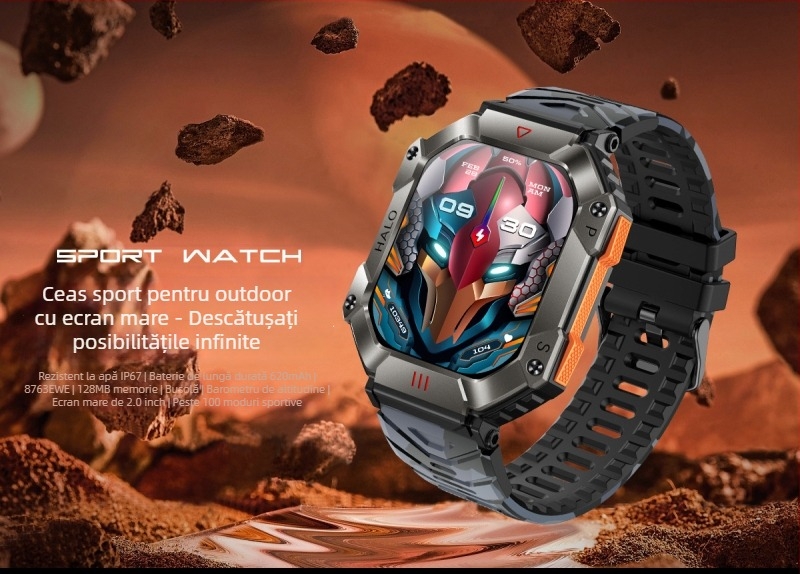 Ceas inteligent cu busolă, altimetru, tensiune arterială, apel Bluetooth și ecran AMOLED pătrat