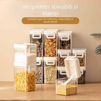 Cutie de depozitare pentru cereale, sigilată, pătrată, transparentă, PP+PS, pentru bucătărie