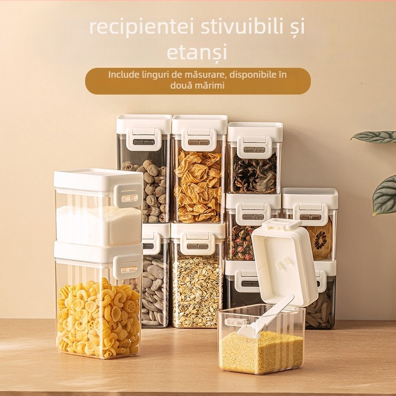 Cutie de depozitare pentru cereale, sigilată, pătrată, transparentă, PP+PS, pentru bucătărie