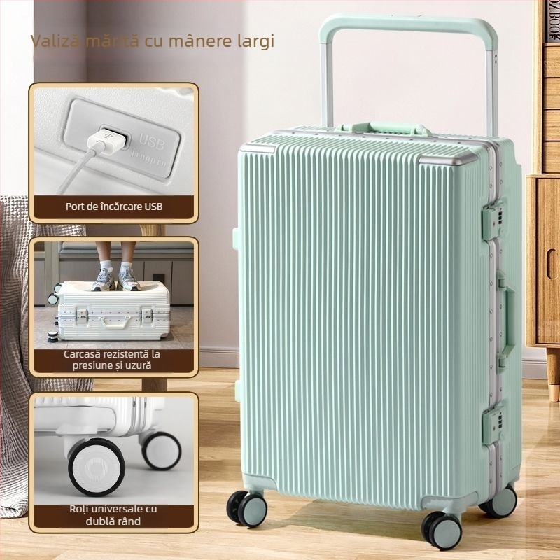 Valiză spinner cu cadru din aluminiu, 24 inch, mâner telescopic lat, roți silențioase, construcție durabilă