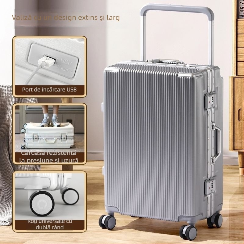 Valiză spinner cu cadru din aluminiu, 24 inch, mâner telescopic lat, roți silențioase, construcție durabilă