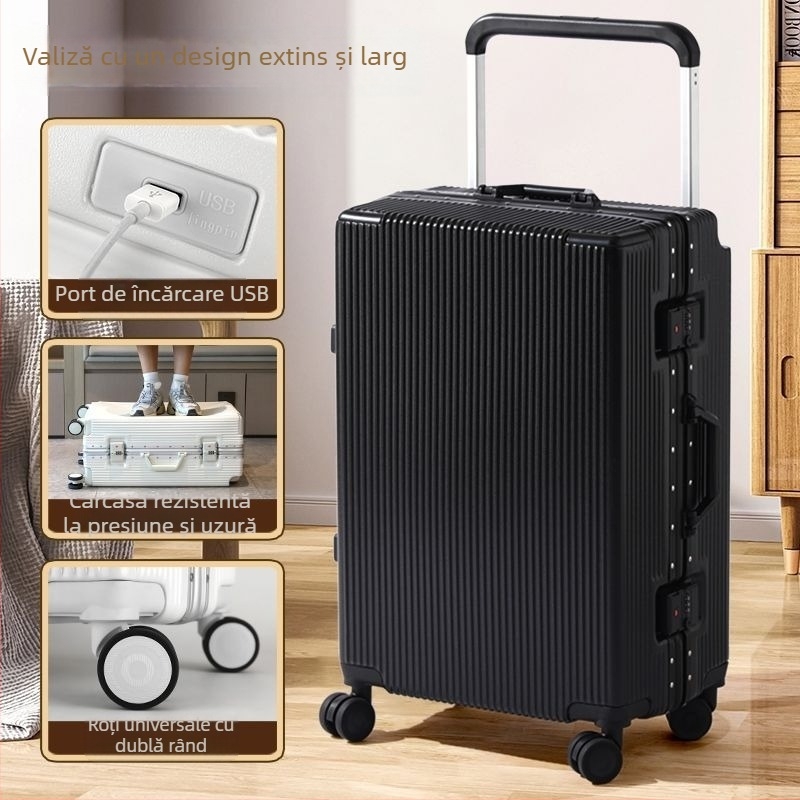 Valiză spinner cu cadru din aluminiu, 24 inch, mâner telescopic lat, roți silențioase, construcție durabilă