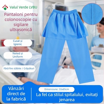 Pantaloni de examinare anorectal, de unică folosință, în stil halat, din SMS nețesut, cu căptușire și întărite, pentru uz spitalicesc, cu tehnologie de cusut cu ultrasunete.
