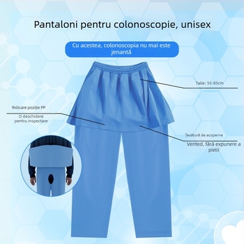 Pantaloni de examinare anorectal, de unică folosință, în stil halat, din SMS nețesut, cu căptușire și întărite, pentru uz spitalicesc, cu tehnologie de cusut cu ultrasunete.