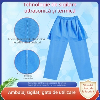 Pantaloni de examinare anorectal, de unică folosință, în stil halat, din SMS nețesut, cu căptușire și întărite, pentru uz spitalicesc, cu tehnologie de cusut cu ultrasunete.