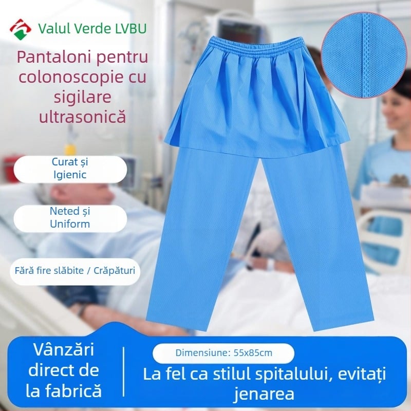 Pantaloni de examinare anorectal, de unică folosință, în stil halat, din SMS nețesut, cu căptușire și întărite, pentru uz spitalicesc, cu tehnologie de cusut cu ultrasunete.