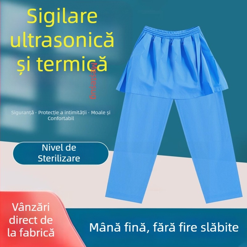 Pantaloni de examinare anorectal, de unică folosință, în stil halat, din SMS nețesut, cu căptușire și întărite, pentru uz spitalicesc, cu tehnologie de cusut cu ultrasunete.