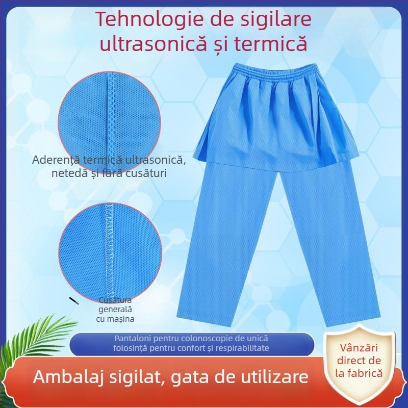 Pantaloni de examinare anorectal, de unică folosință, în stil halat, din SMS nețesut, cu căptușire și întărite, pentru uz spitalicesc, cu tehnologie de cusut cu ultrasunete.