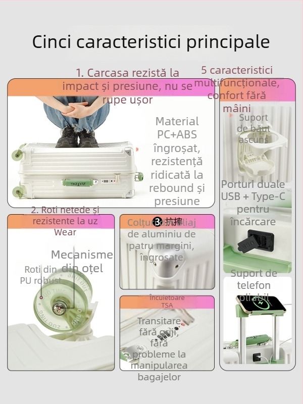 Bagaj de călătorie multifuncțional cu port USB, lacăt TSA cu parolă, carcasa PC, roți omnidirecționale, greutate 3.475 kg