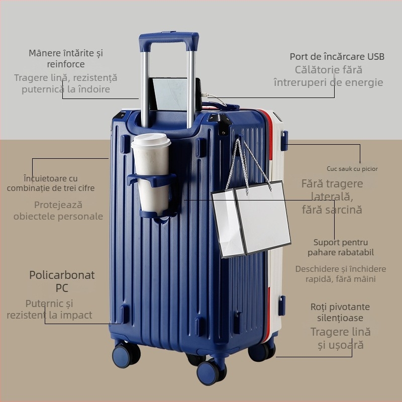 Valiză Wells din ABS, capacitate mare, încuietoare cu 28 de parole, închidere cu fermoar, roți omnidirecționale, 3,8 kg