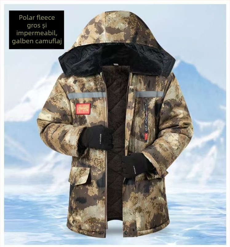 Geacă de iarnă pentru bărbați în camuflaj, căptușită cu fleece, umplutură din poliester, impermeabilă, lungime medie