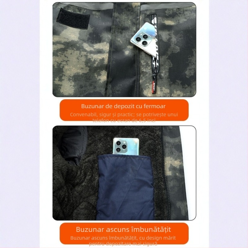 Geacă de iarnă pentru bărbați în camuflaj, căptușită cu fleece, umplutură din poliester, impermeabilă, lungime medie