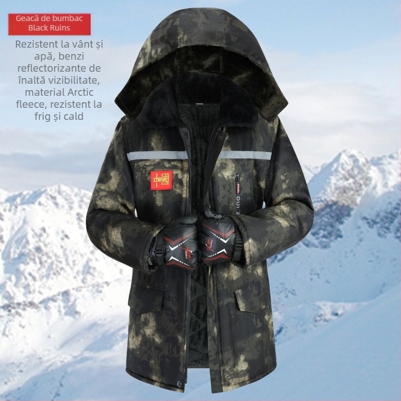 Jachetă de iarnă camuflată, căptușită – impermeabilă, caldă, vizibilitate nocturnă reflectivă – material exterior nylon, pentru uz în fabrică